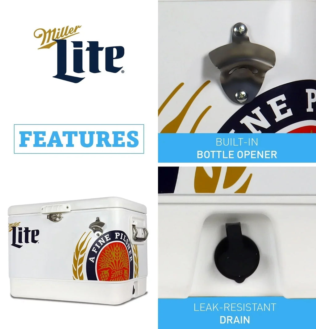 51L Fishing 85 Tailgating, Blue, Camping, Beach, Portable Chest with Cooler, RV, QT), Opener, and Beverage BBQs, (54 White steel-belted Can Bottle Miller Lite for Cooler Ice