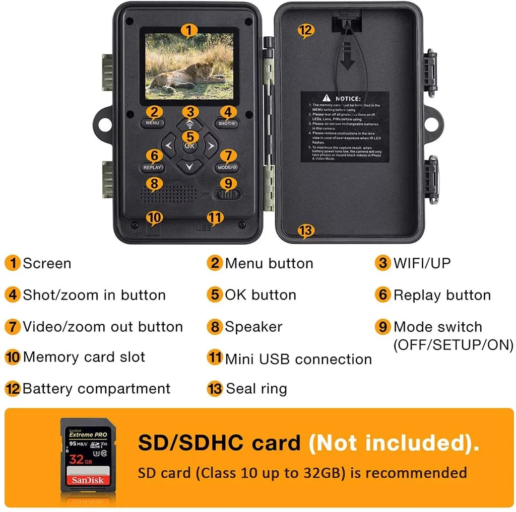 30MP Wildlife IP66 Infrared with with Night Camera for WiFi Motion Waterproof Trail Camera Hunting Vision CAMPARK Activated Trail Camera 1296P Game Monitoring Bluetooth