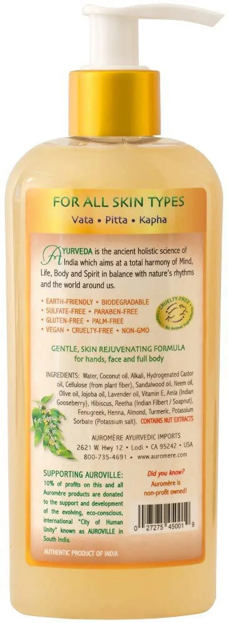 '- 2). Free, Cruelty Oil, 8Oz Natural, And Turmeric Liquid Auromere Neem Non Ayurvedic Sandalwood Soap, Coconut Gmo, With (Pack - Vegan, Gluten-Free Of Paraben-Free,