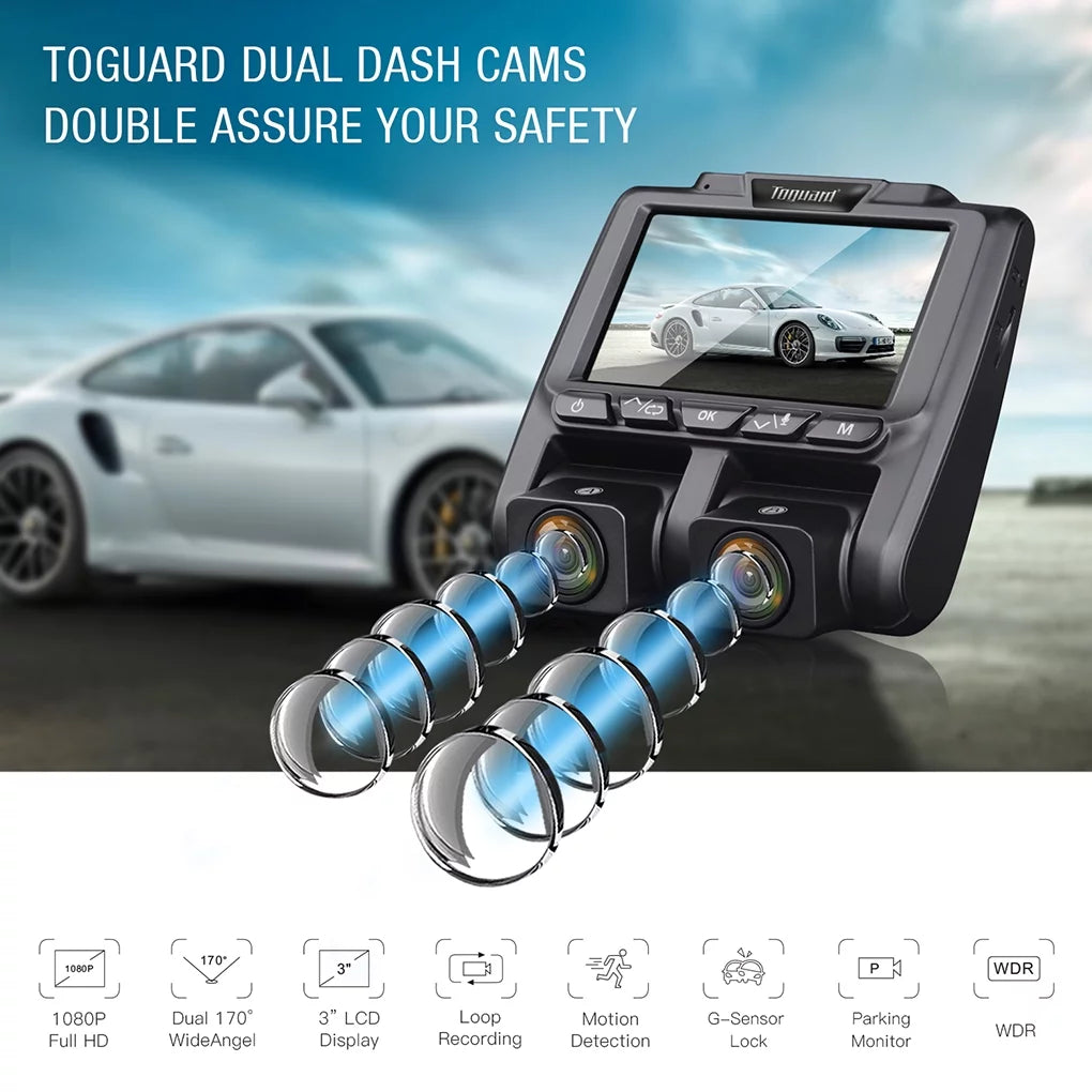 Dash Black 1080P+1080P Camera Front Cams and Inside LCD 3" Cam, Car Dashboard Dual Camera TOGUARD Dash Full HD