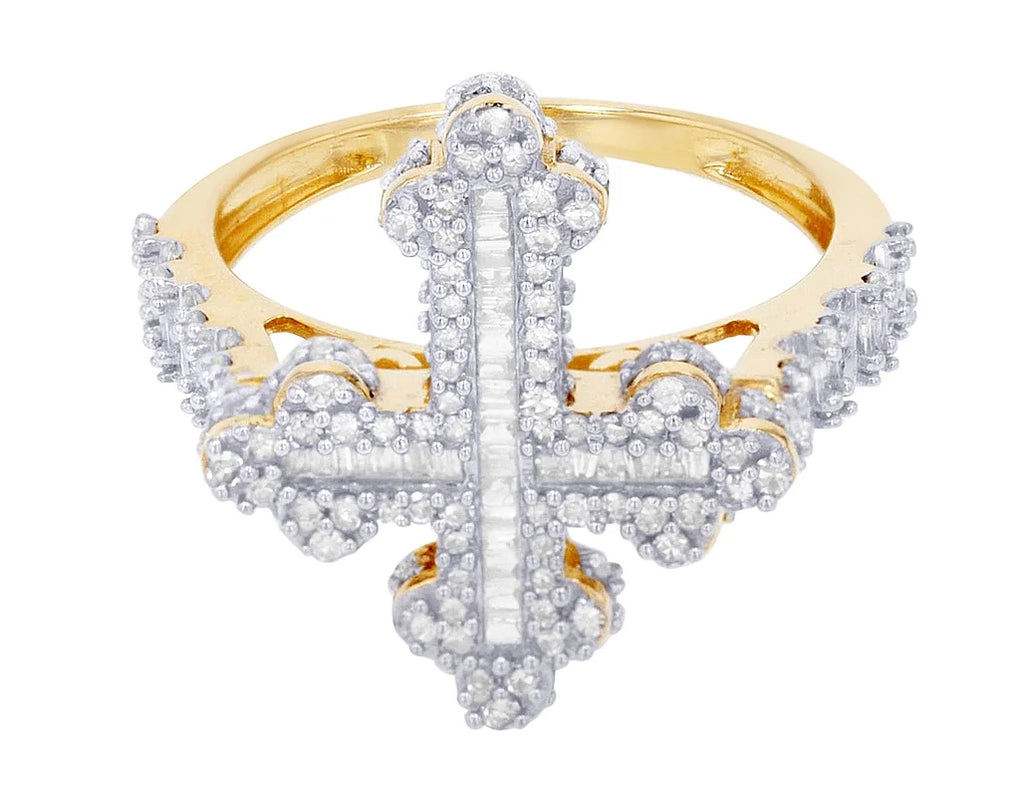 Diamond 0.875 Cross Gold Ring 10K Baguette CT Yellow-White