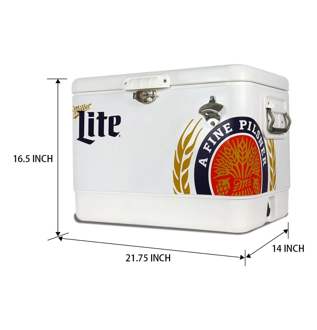 51L Fishing 85 Tailgating, Blue, Camping, Beach, Portable Chest with Cooler, RV, QT), Opener, and Beverage BBQs, (54 White steel-belted Can Bottle Miller Lite for Cooler Ice