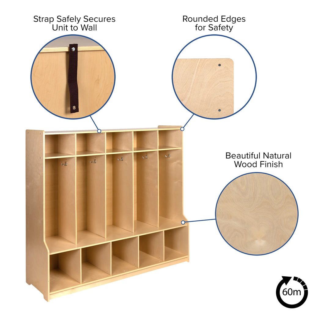 Organizer Hook-Safe, - with Locker Friendly Kid Bench, 48"L x Wooden (Natural) Design School 48"H Section Coat BizChair 5 and Storage Cubbies,