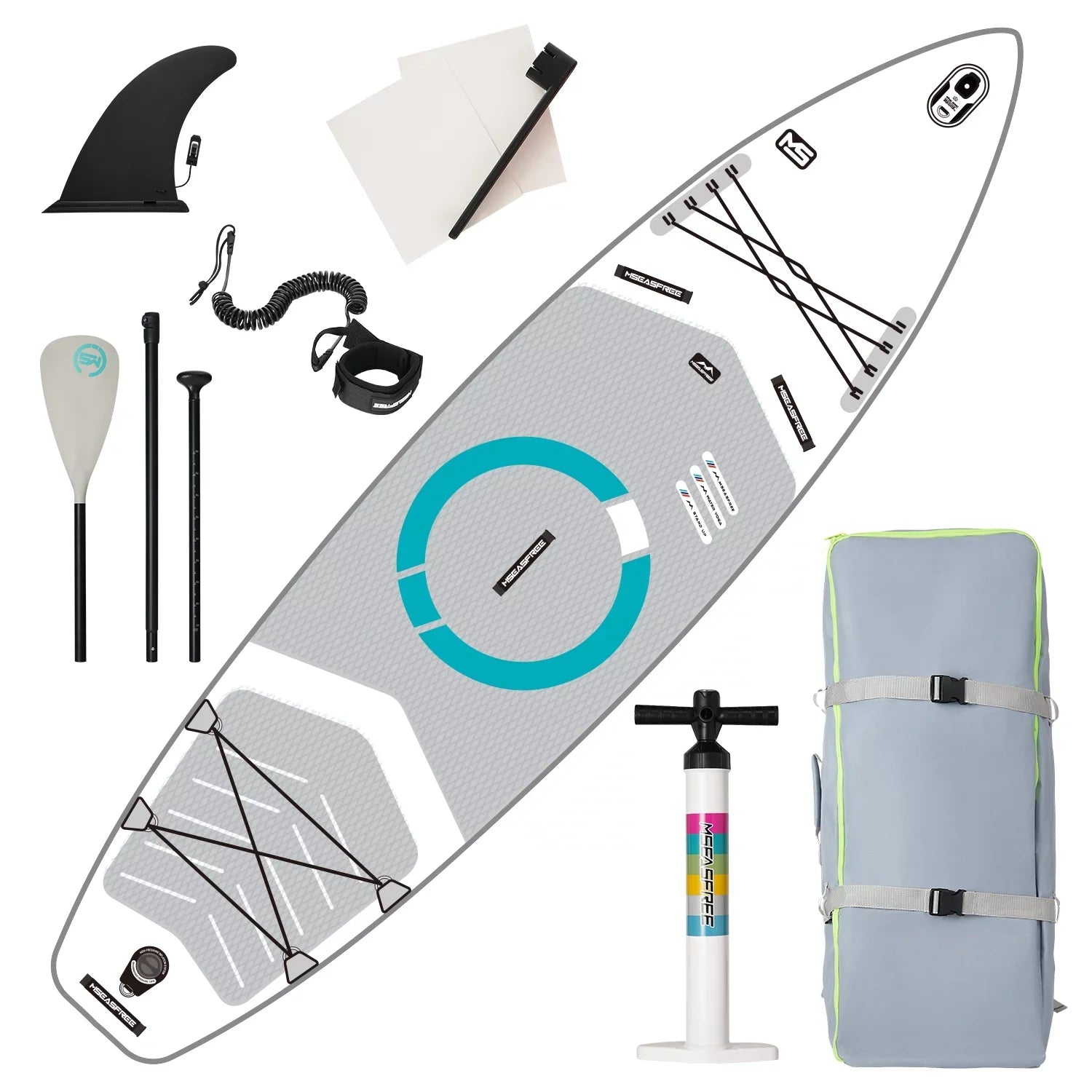 Paddle, Accessories Bottom & Deck Leash, Stance, Surf Control, Wide Fin Paddle Board(6In Paddling, Thick)with Youth Inflatable Backpack, SUP Premium Non-Slip & Stand for Up for Adult(White)