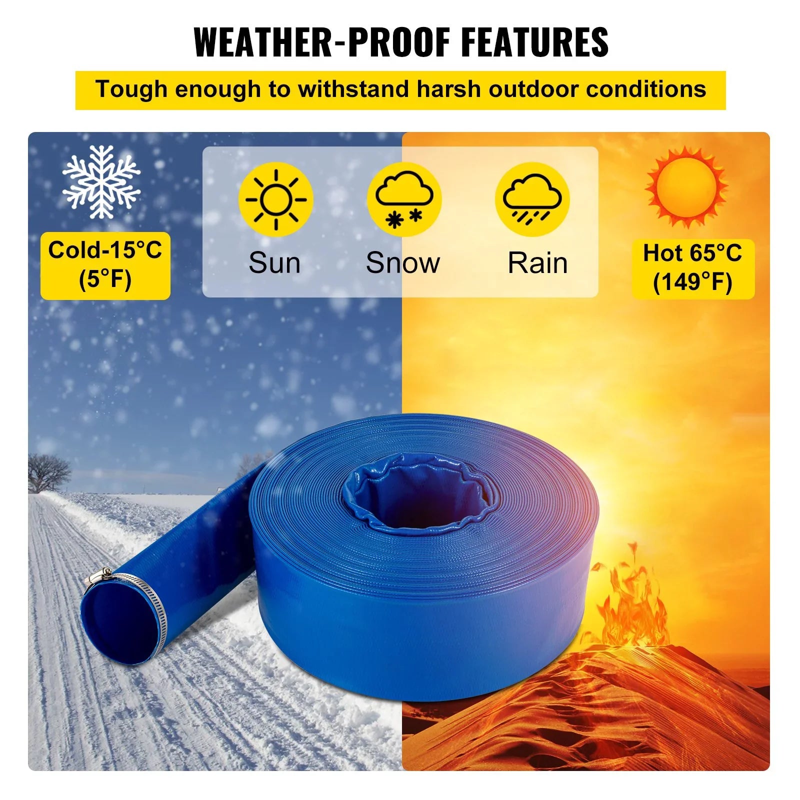 Water 1-12" Hose Drain Transfer, with Backwash & Heavy for Pool Discharge Hose, PVC Fabric 105', Hose, Blue & Duty Flat Weather-proof VEVOR x Burst-proof, Swimming Lay Ideal Clamps,