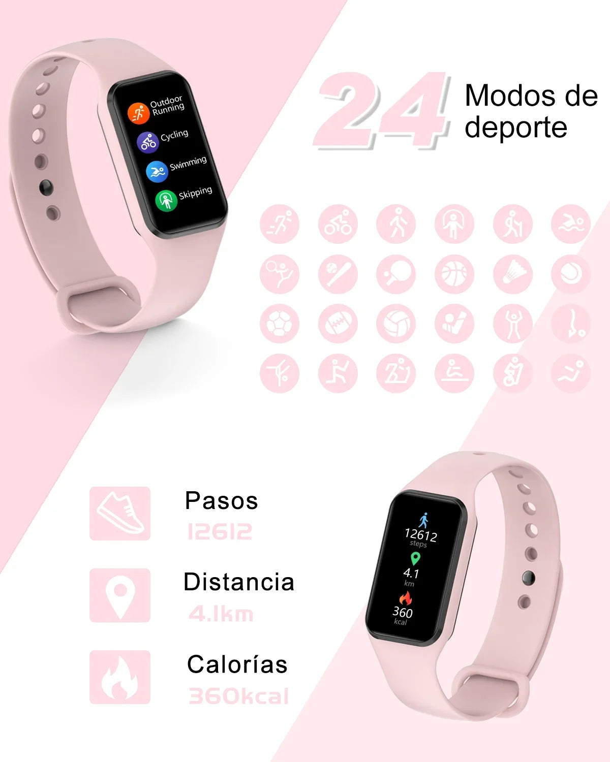 Smart Fitness for IP68 1.47 Tracker iOS,Pink Compatible Android 24 Inch and Women HD Waterproof, Modes Sports Pedometer, Screen,with - Watch , with Men Calorie