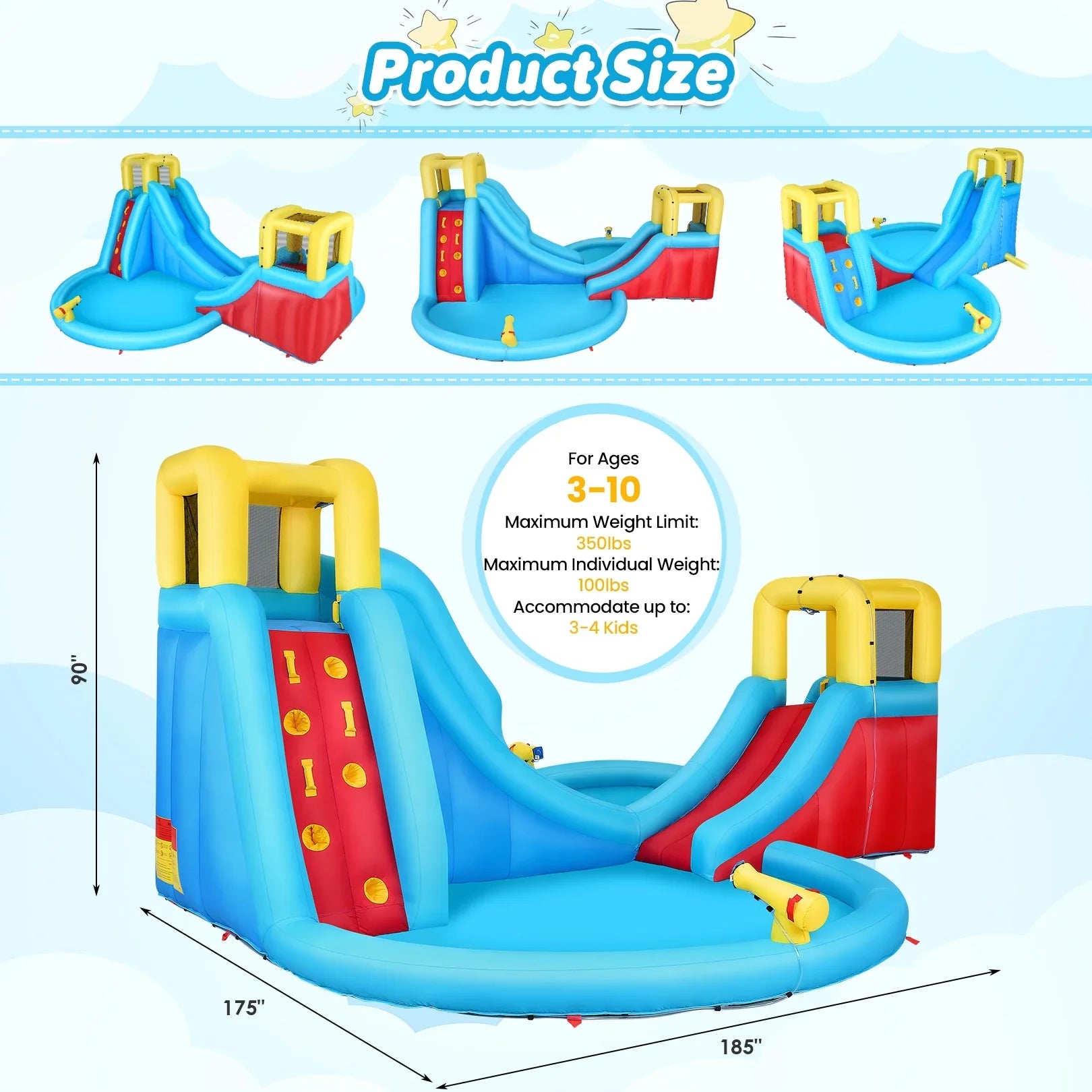 Bounce Playgrounds with Inflatable Walls Veeboto & Splash kids 2 Water Water Indoor/Outdoor Climbing 2 520W Slides, 2 House for Slide Pool Blower with