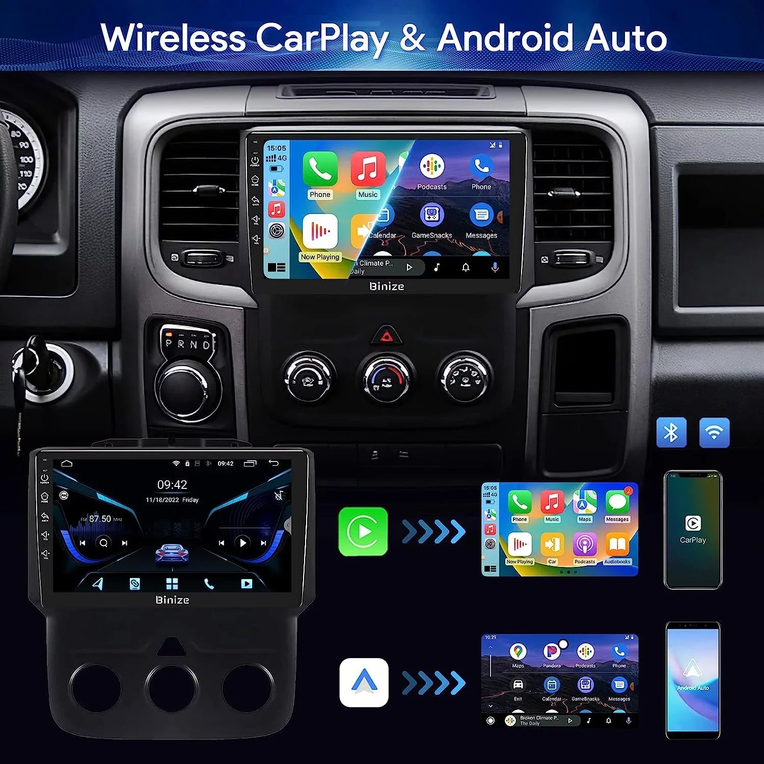in-Dash 2500 3500 Dodge Camera/DSP/SWC/BT/WiFi/2+32GB Auto/AM/FM/Backup with Double for Din Stereo 2013-2018, CarPlay/Android Car GPS Radio Unit 9" Android Ram 1500 Wireless Navigation Binize 12