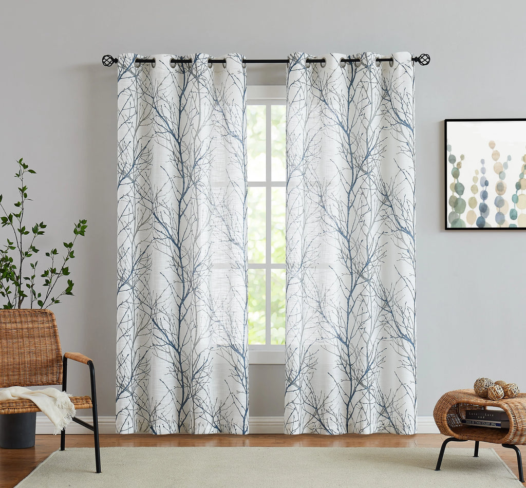 Textured Blue Grommet, Tree Set Branches Print Room Semi White Sheer Sheer for Curtain for Window Drapes Linen Decoultimatex Panels Bedroom, Curtain Gray 52"x84"x2 Living