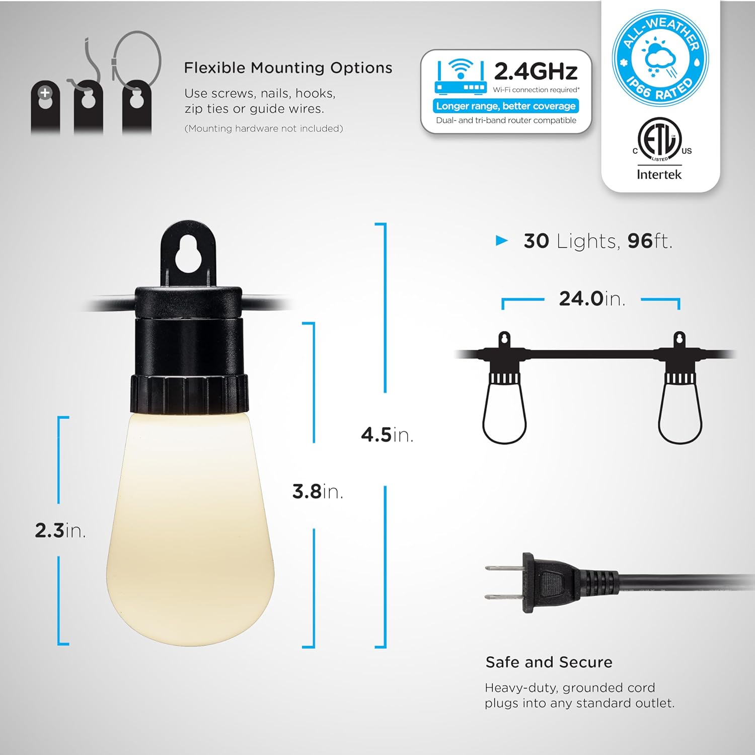 Dimmable Lights, RGB Outdoor Color Weatherproof, String String 30 Wi-Fi MINGFENG Lights, Lightweight Smart LED App 96 Customizable, Lights, Control, Patio Changing 79617 ft,