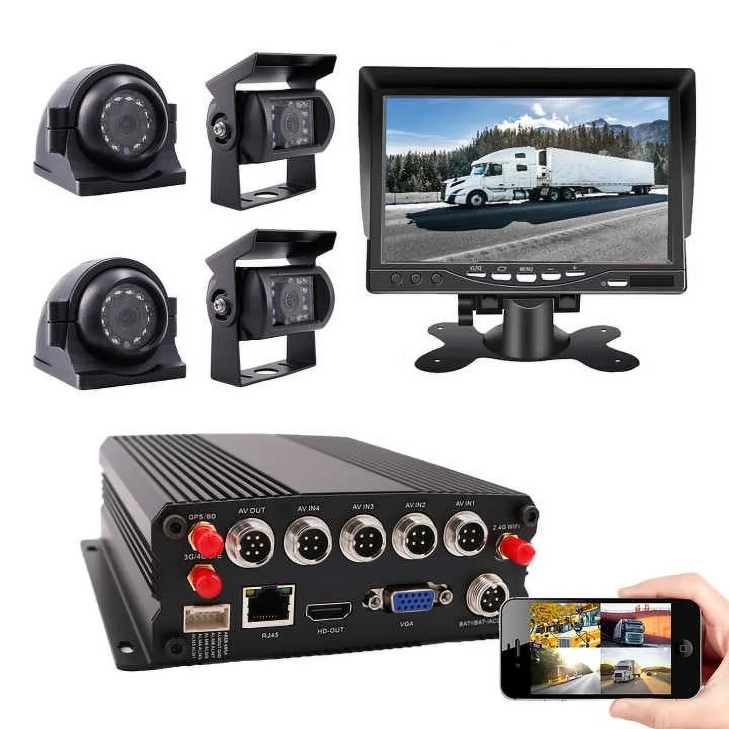 Rear 4 Bus Cameras RV DVR Remote 4 Channel Kit Car LTE Side IP68 Video for Front Vehicle Fleet CCTV Wifi Van CELLULAR Recorder Backup on Web/APP GPS 1080P Truck View View JOINLGO 4G Bus