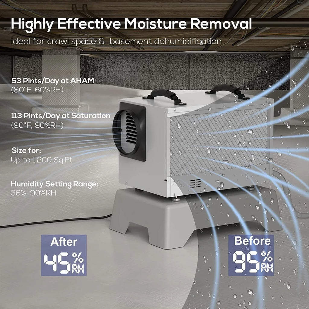 Treatment Memory BaseAire Hose Dehumidifier for Spaces, Air Pint Starting Commercial Basements, Crawl Refine Defrost, 113 Drain with Auto