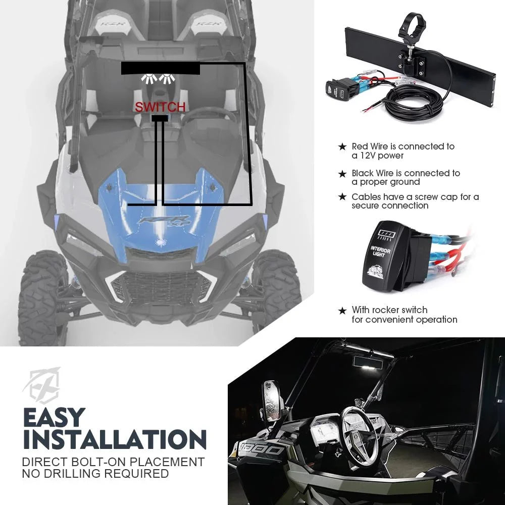 Curved Integrated 1.75"-2" View Lights & LED w/ Switch Xprite 13" for Rollbars UTV Rear Mirror