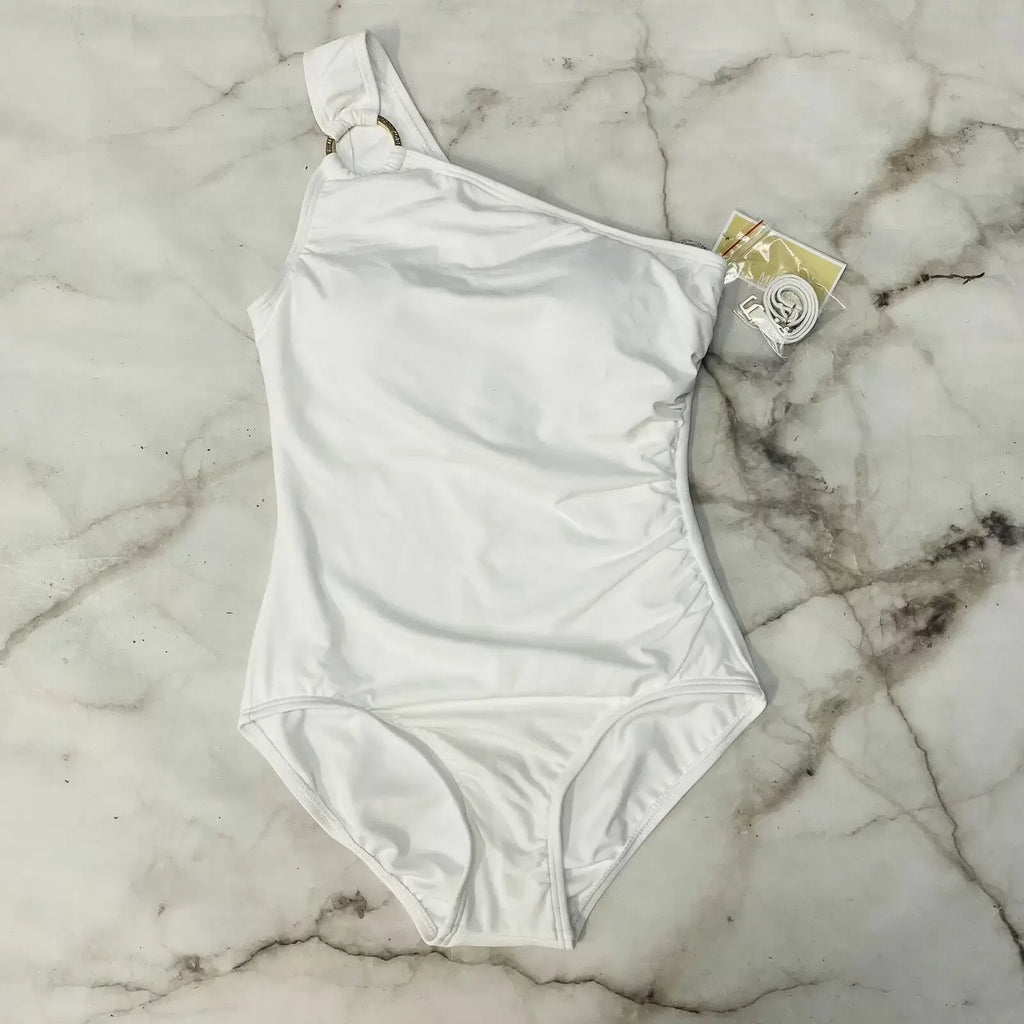Kors Michael WHITE One-Shoulder 14 US Underwire One-Piece Embellished Swimsuit,