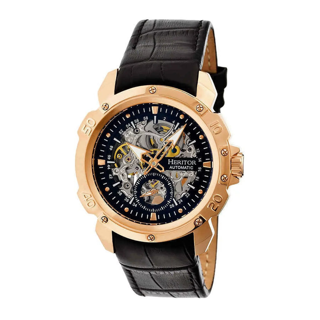 Black Case Men's Steel Rose Leather Heritor Stainless Gold-tone HR2506 Black Skeleton Dial Watch Carter