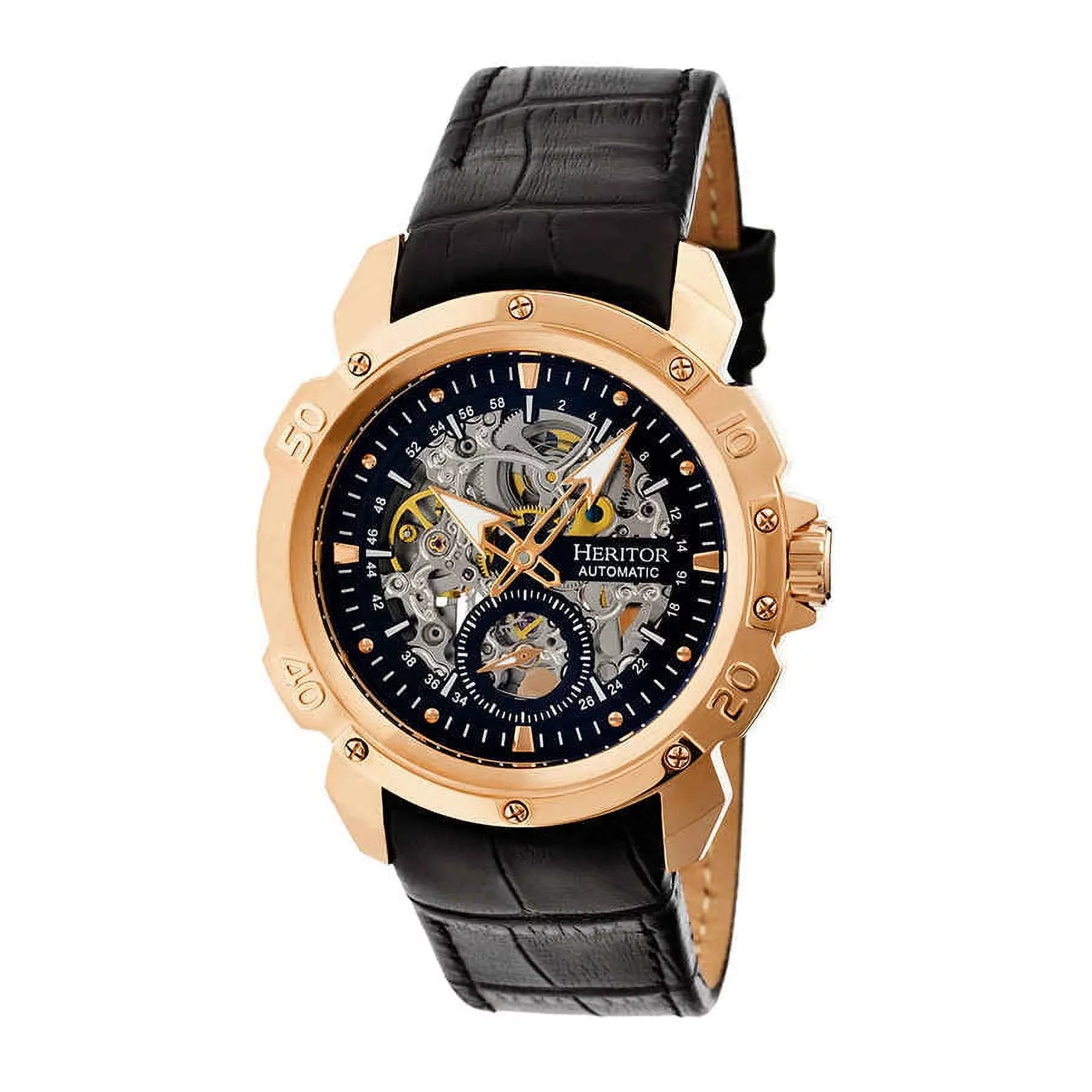 Black Case Men's Steel Rose Leather Heritor Stainless Gold-tone HR2506 Black Skeleton Dial Watch Carter