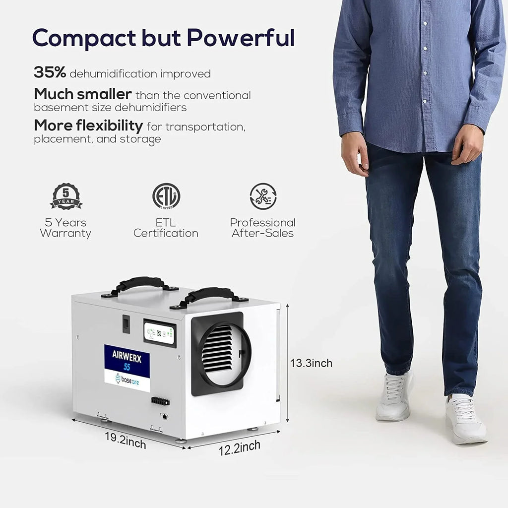 Treatment Memory BaseAire Hose Dehumidifier for Spaces, Air Pint Starting Commercial Basements, Crawl Refine Defrost, 113 Drain with Auto