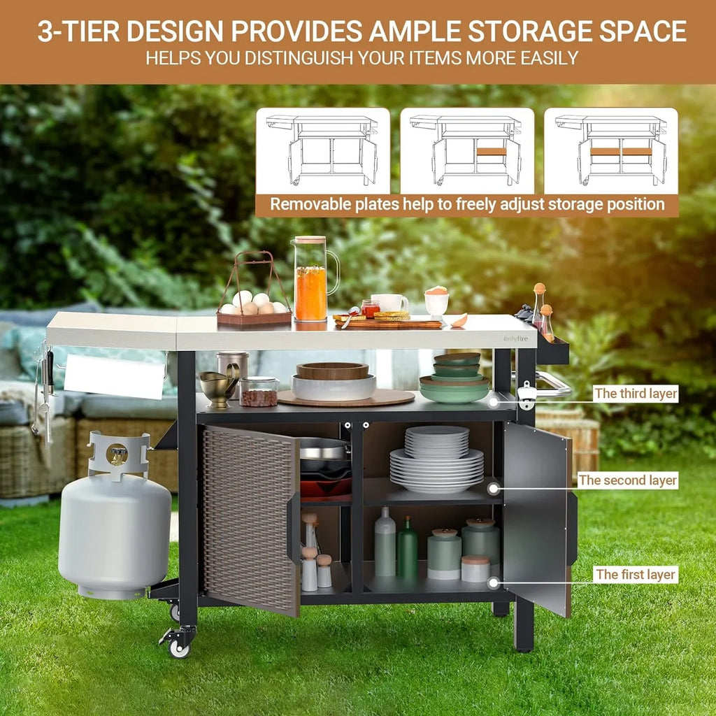 with Table Stainless Indoor Rolling SUSIMOND and Shelf Wheels Countertop, Kitchen Outdoor Storage with Steel Side Cart Cabinet for XL 53-Inch Worktable Dining Island
