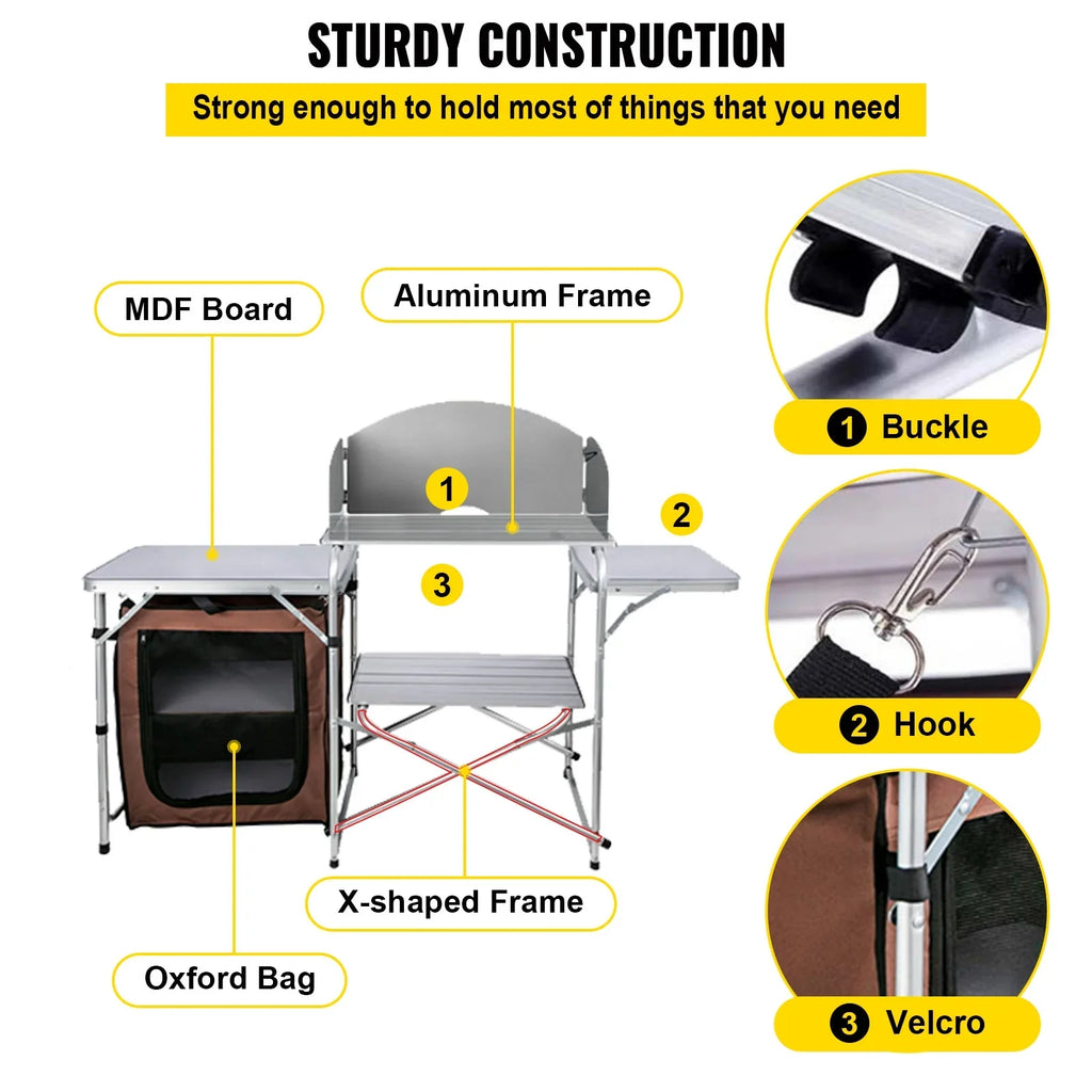 Folding Zippered Party, Color, Camping, 2-Tier, with Table Cook Camping Table Kitchen Outdoor BBQ, Bag for SKYSHALO Portable Brown Camp Table