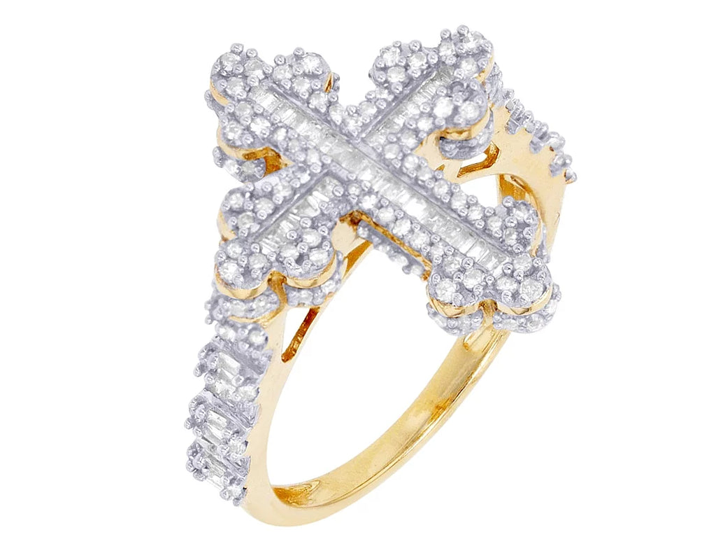 Diamond 0.875 Cross Gold Ring 10K Baguette CT Yellow-White