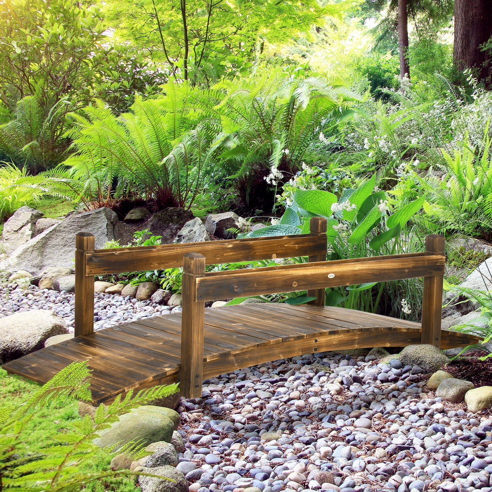 Bridge with Finish Arc Planters, Outsunny Wooden Stained Garden Footbridge