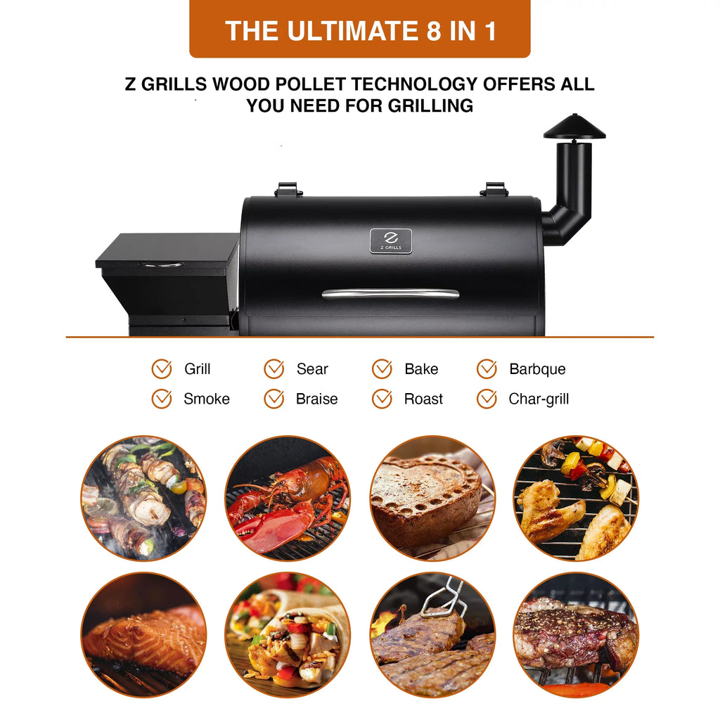 ZPG-7002B Pellet Z Wood Grill 8-in-1 GRILLS & Smoker BBQ 694 Black in. sq.