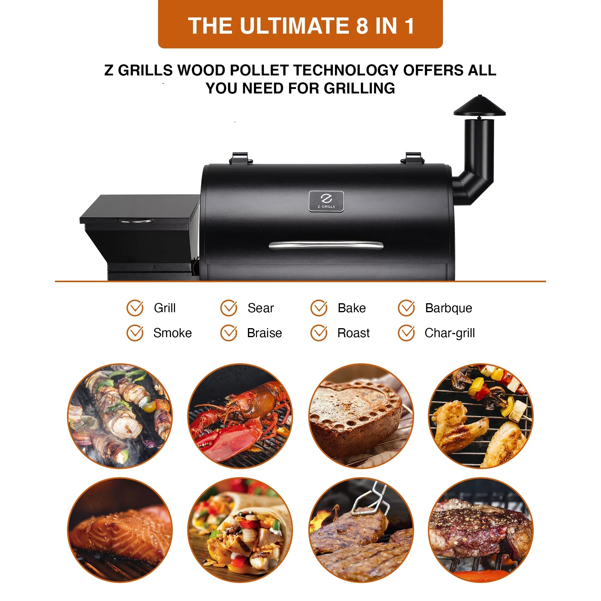ZPG-7002B Pellet Z Wood Grill 8-in-1 GRILLS & Smoker BBQ 694 Black in. sq.