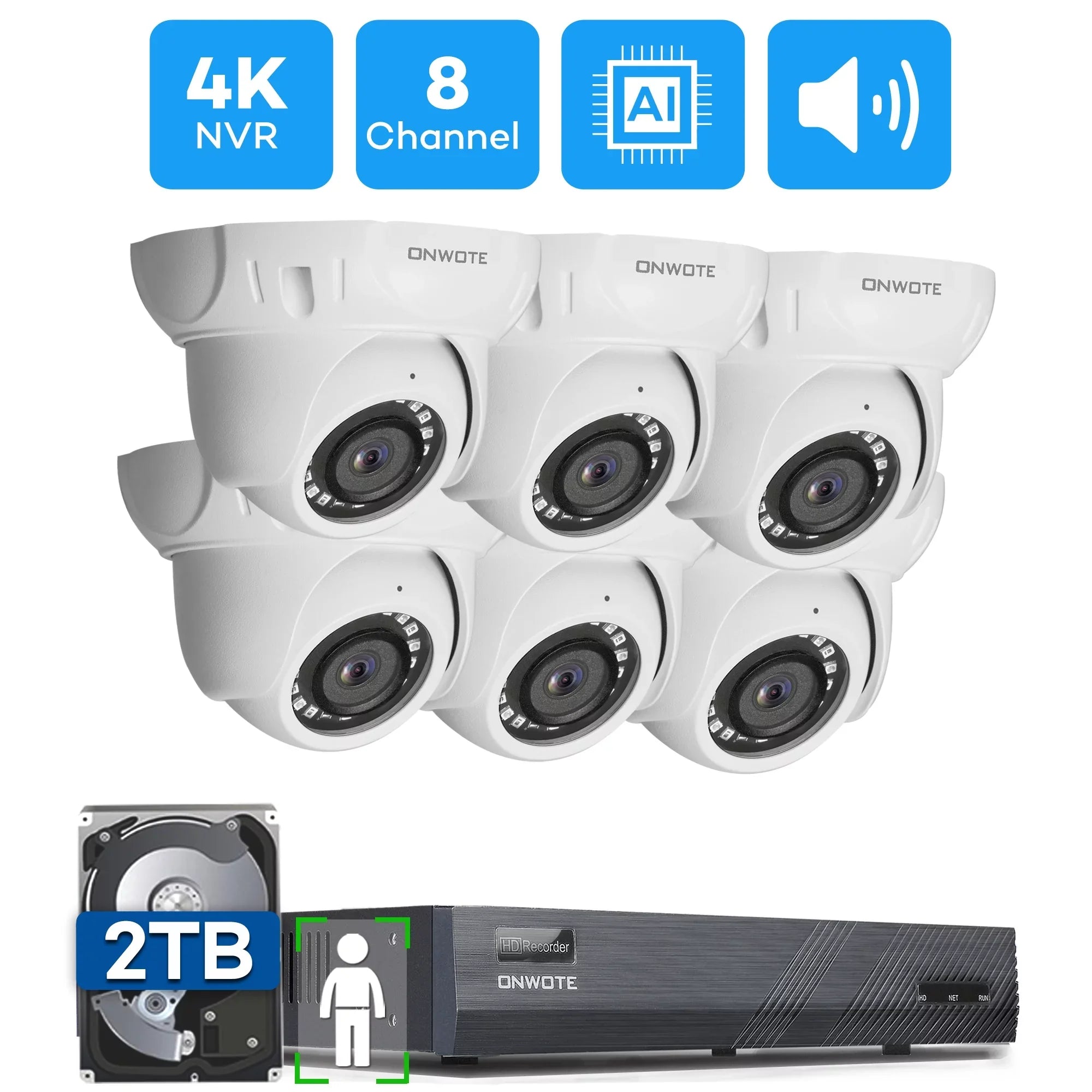 ONWOTE 4K NVR Synchronous 8CH with for System, Angle Wide Recording, 4K 6pcs POE Security Playback Channel 2TB 8MP 8 HDD Wired, AI 4K Human Cameras 8 Camera Channel Detection, Outdoor 24/7