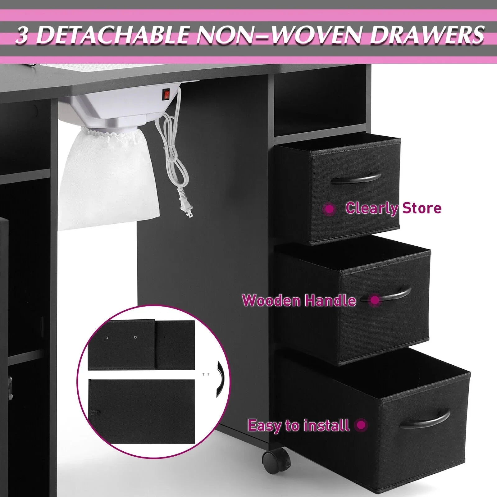 Lockable Manicure Artist Wrist with Desk Nail Table Cushion, Shelves Black Station Downdraft Beauty Wheels, Vent, Electric Drawers, Hand