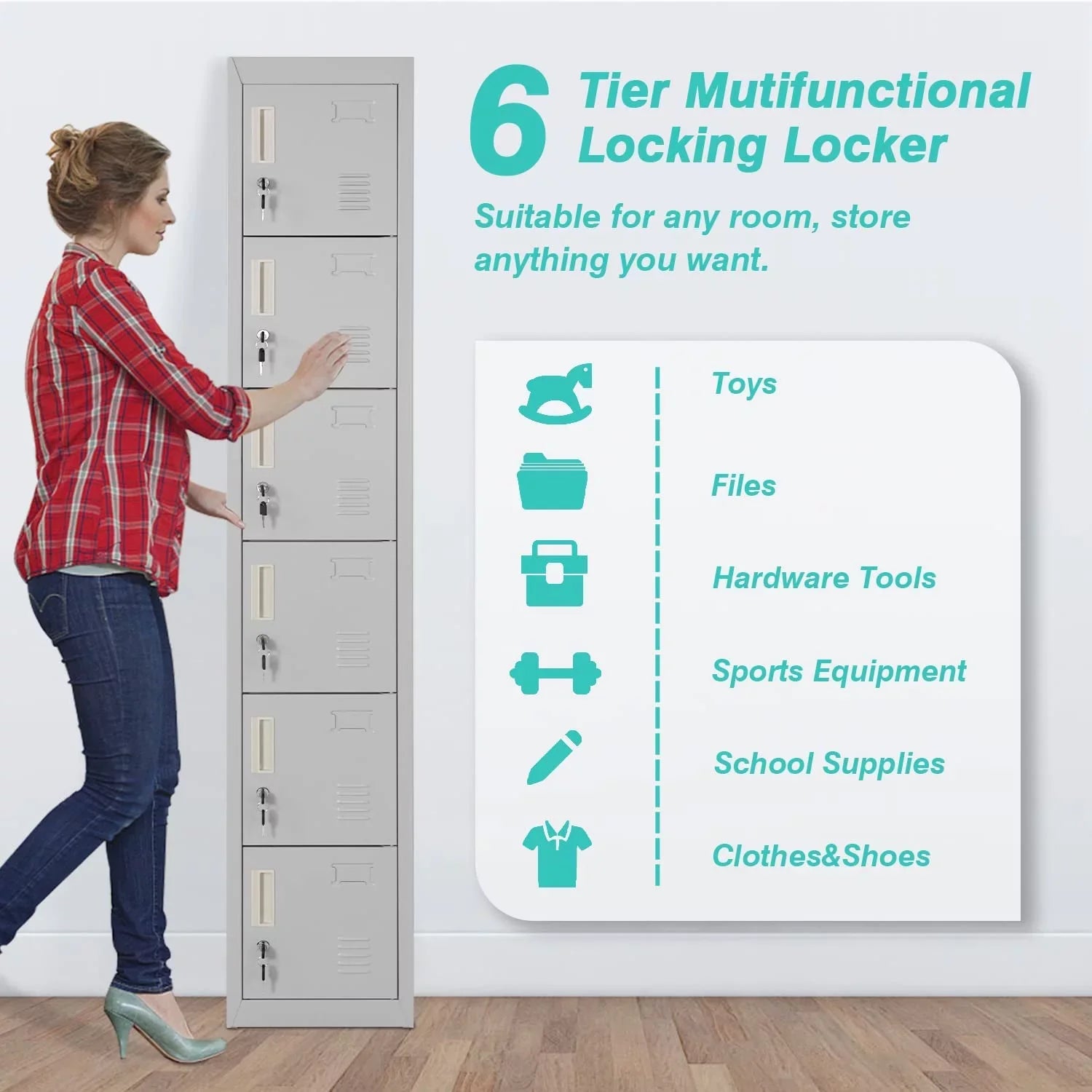SUNCROWN Lockable Home, School, Storage Office, Gray Cabinet Locker Gym, 6 Door for with Metal
