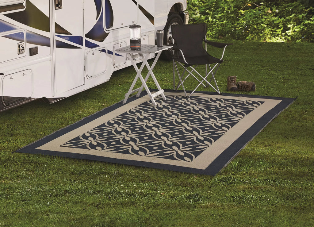Design Flower Blue Garden RV Reversible Auto / Patios Good RV Mat, 9x12ft Tan for Patio and Drive