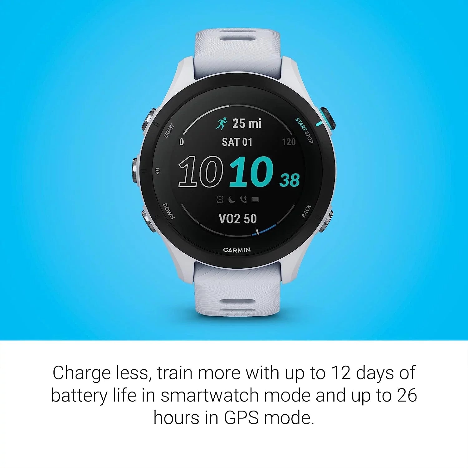 Battery, Charging Smaller Insights, with & Towel, Running 6Ave Smartwatch Cleaning Music, Garmin Music, Kit with 255S Base, Long-Lasting Workout Forerunner Travel Advanced GPS Whitestone