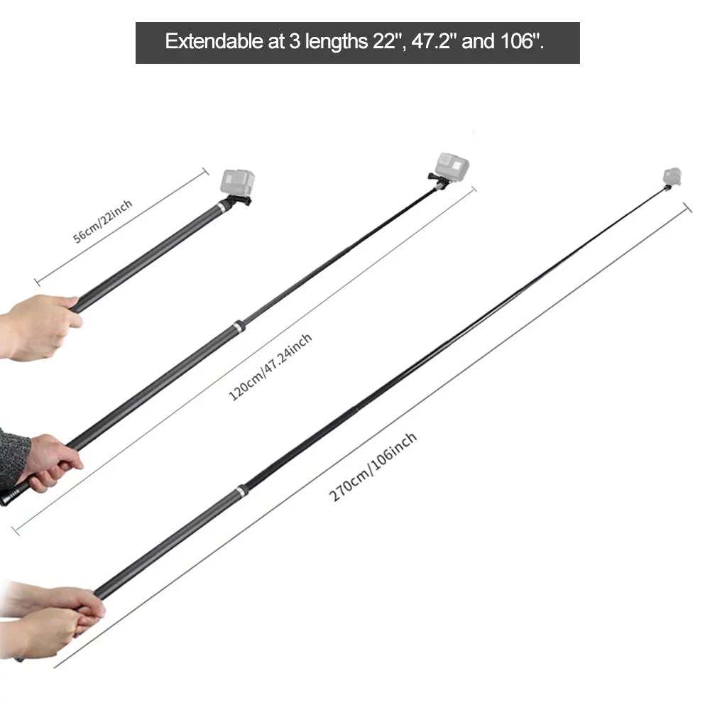 Action Hero Lightweight 10/9/8/7/6/Hero Ultra Carbon Black(2018) for R Fiber Replacement Monopod GoPro Long for Handheld 5 C Selfie OSMO Replacement One Pole Extendable Inch Stick 2.7M/106