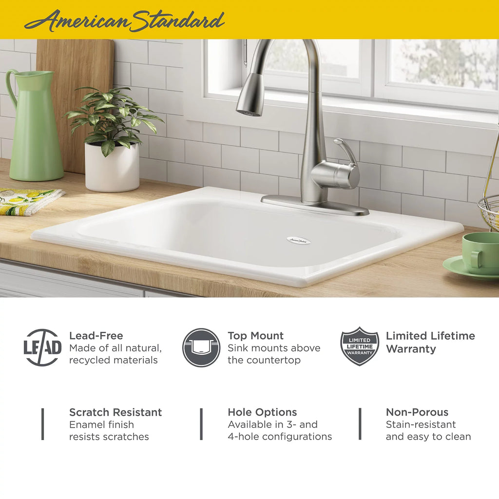 Kitchen Drop-in in Sink Bowl Quince in. American Cast 3-Hole Single White Standard 25 Brilliant Iron