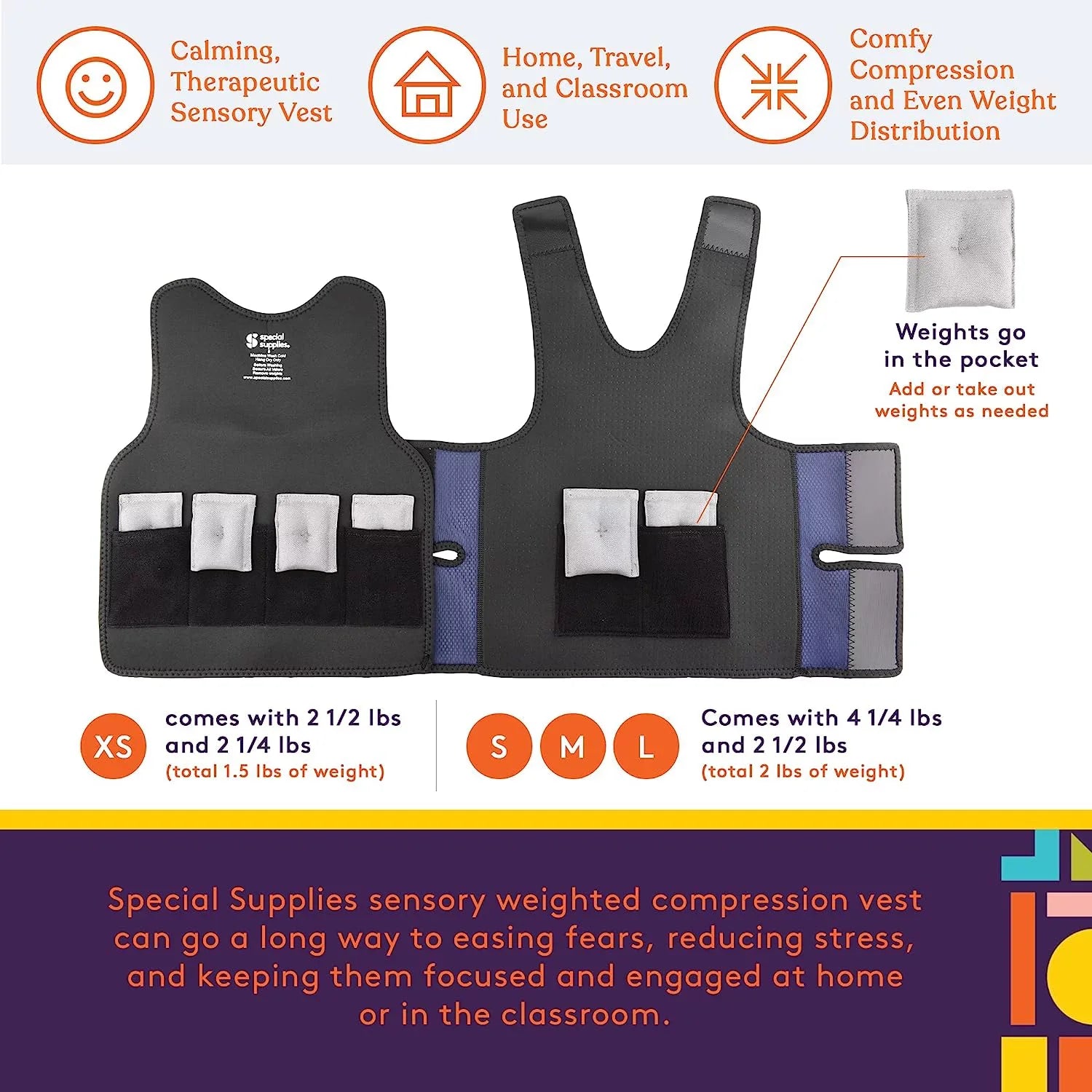 Disorders, Kids with and Fit Adjustable Compression with Special 24x42 Vest Supportive Supplies Processing Weight inches) Weighted Calming ADHD, and for (Large Sensory Autism,