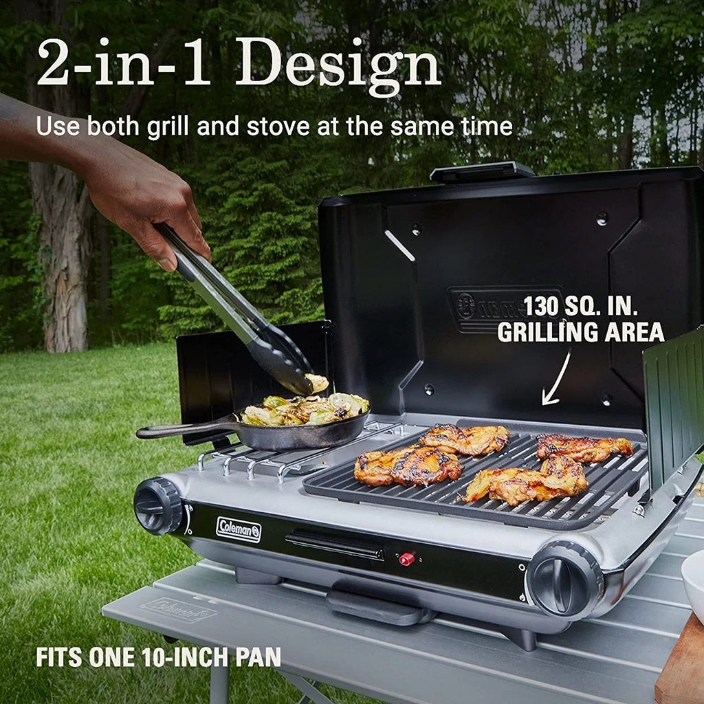 Camping with Guards, More & Starter, YUNWEN 2 Grill/Stove Tray, 20,000 Wind Camping, Classic 2-in-1 of Power Propane Grease BTUs Grill/Stove Tailgating, Adjustable Burners, for & with Push-Button