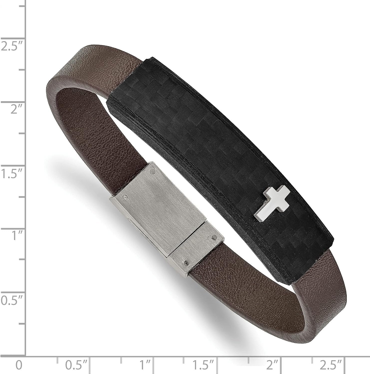 Chisel 8" Cross Polished Fiber Bracelet Steel Leather - Stainless Solid Faux Brown Carbon