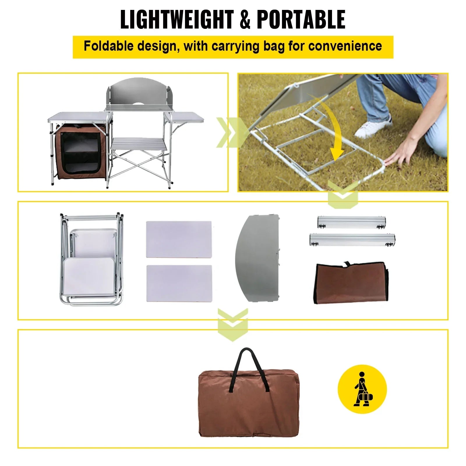 Folding Zippered Party, Color, Camping, 2-Tier, with Table Cook Camping Table Kitchen Outdoor BBQ, Bag for SKYSHALO Portable Brown Camp Table