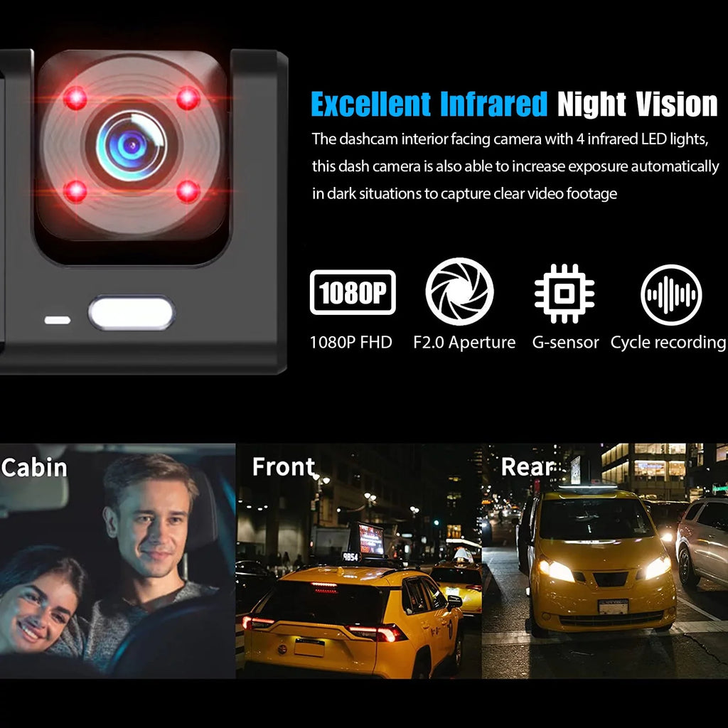 Car 1080P Triple Card, Way Channel Backup DVR Inside Dash TF Vision, Cam, Camera, 3 3 Cam Recorder, IR Dash Front Rear Dashboard G-Sensor Driving W/32GB Inside Camera Night Dual