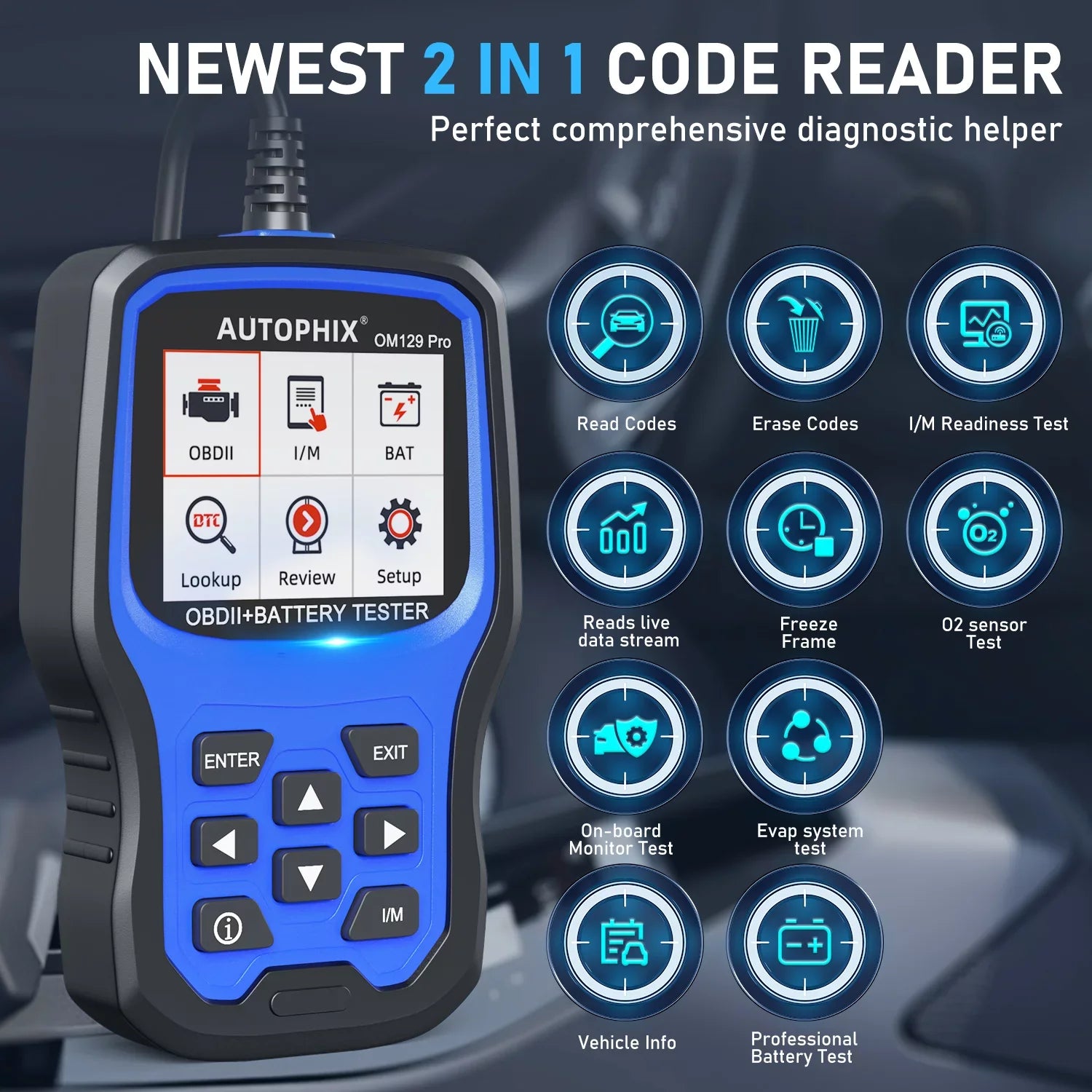 Full 12V 2 Test OBD2 Scanner Code Engine AUTOPHIX Diagnostic 1 PRO Battery Auto OBD Cranking OBD2 EOBD Reader in Function Automotive Automotive OM129 Analyzer Test Battery Tool Tester Charging Scanner