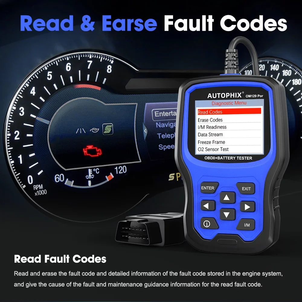 Full 12V 2 Test OBD2 Scanner Code Engine AUTOPHIX Diagnostic 1 PRO Battery Auto OBD Cranking OBD2 EOBD Reader in Function Automotive Automotive OM129 Analyzer Test Battery Tool Tester Charging Scanner