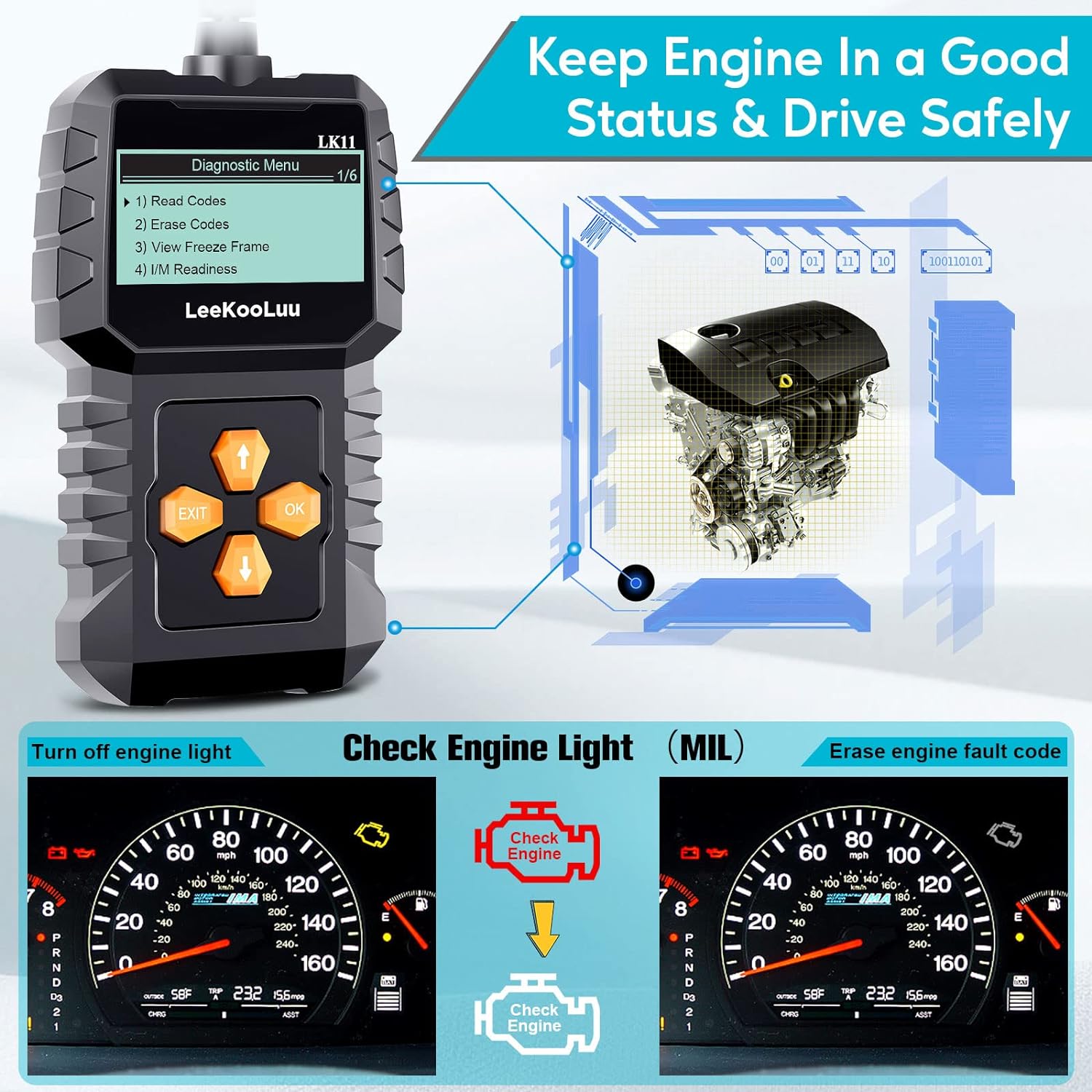 Professional LK11 Code Freeze Easy and Engine Readiness LeeKooLuu Play Setup Scan Frame/I/M - with Cars Alert Code 1996 Reader Since Scanner for Clear OBD2 Use Plug to - Diagnostic Reset