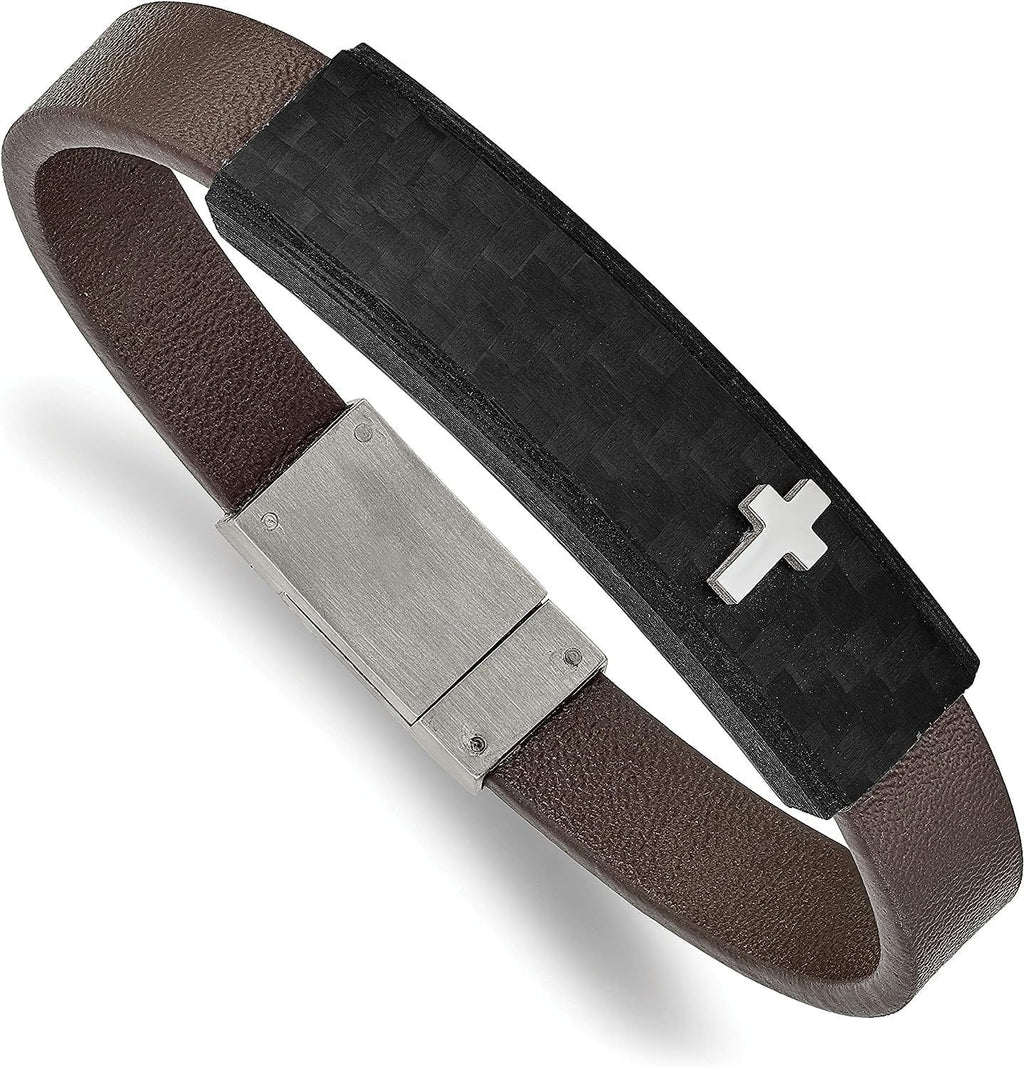 Chisel 8" Cross Polished Fiber Bracelet Steel Leather - Stainless Solid Faux Brown Carbon