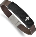 Chisel 8" Cross Polished Fiber Bracelet Steel Leather - Stainless Solid Faux Brown Carbon