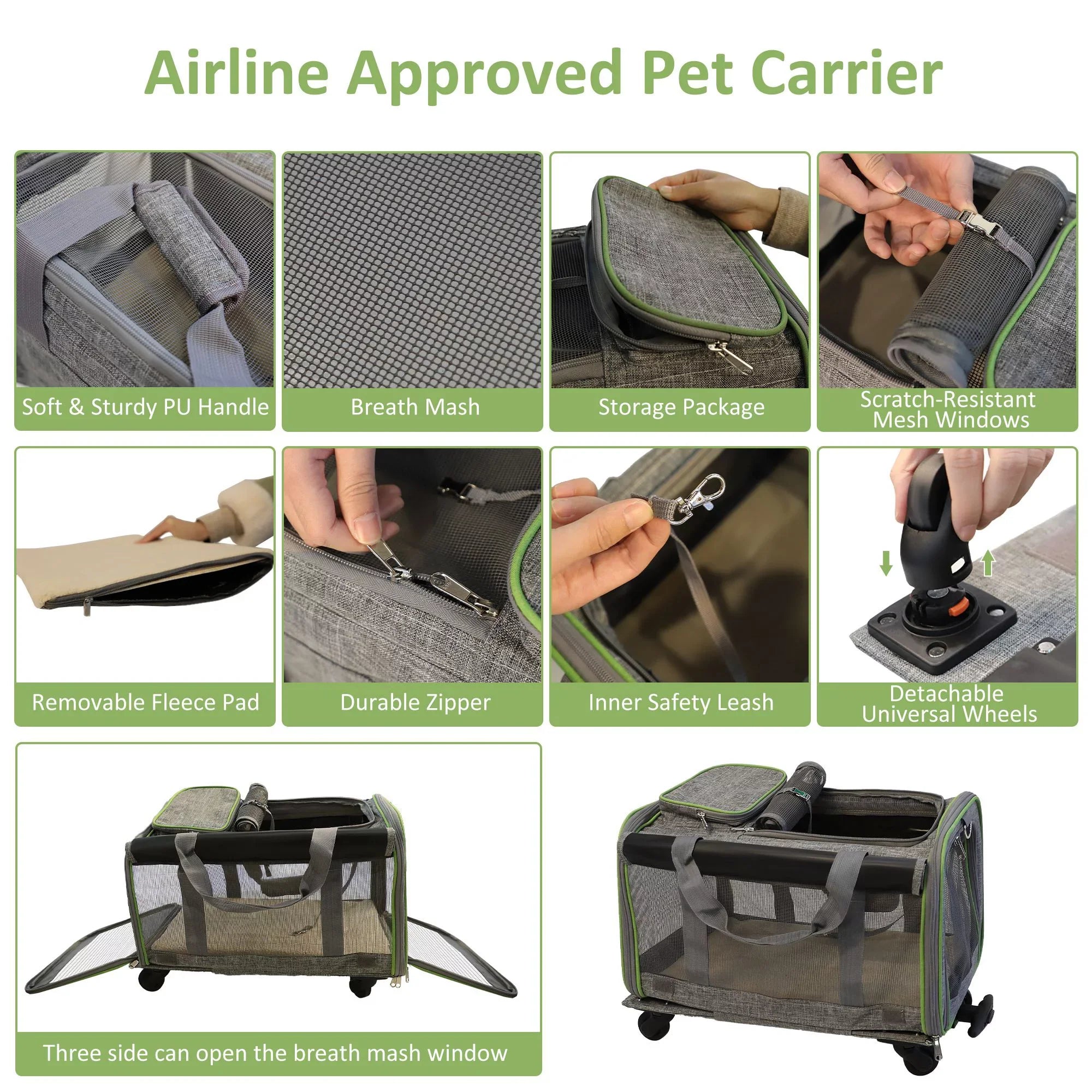 for Mesh Telescopic Soft-Sided Carrier with Removable Carrier Cats, Airline Pet with Cat Handle, and Wheels Cat Pet Safety for Wheel Approved Strap and Dog, Dogs Base, & Carrier