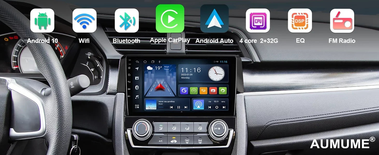 10 Android Radio Car Wheel Inch Din 2016-2020 Honda Touchscreen Built-in Backup Wireless 9 Civic Camera Double Carplay/Android with Auto/GPS/Bluetooth/FM/AUX-in/Steering Stereo Control for 2+32G