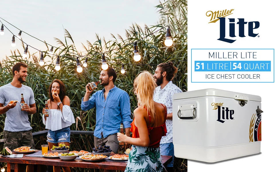 51L Fishing 85 Tailgating, Blue, Camping, Beach, Portable Chest with Cooler, RV, QT), Opener, and Beverage BBQs, (54 White steel-belted Can Bottle Miller Lite for Cooler Ice
