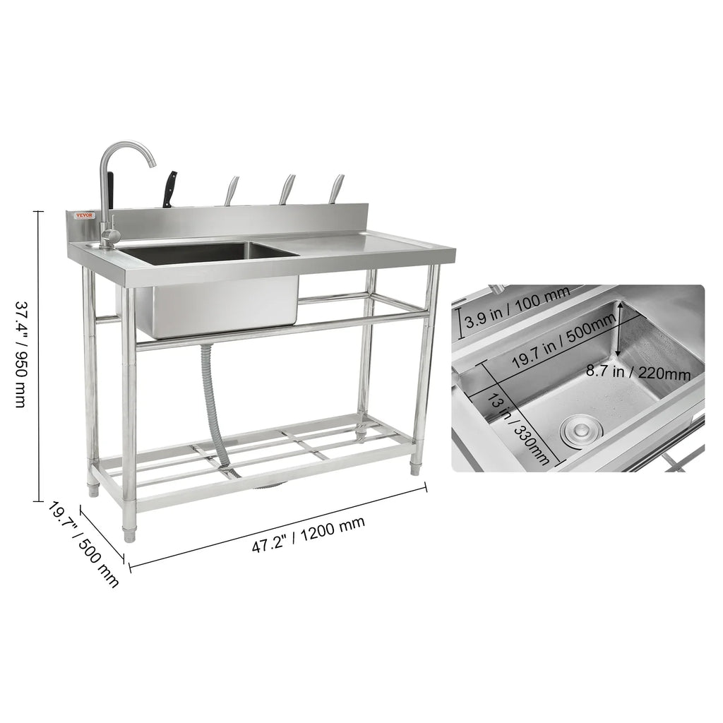 in Bowl BENTISM Utility Stainless Steel 47.2x19.7x37.4 w/Workbench Sink Single