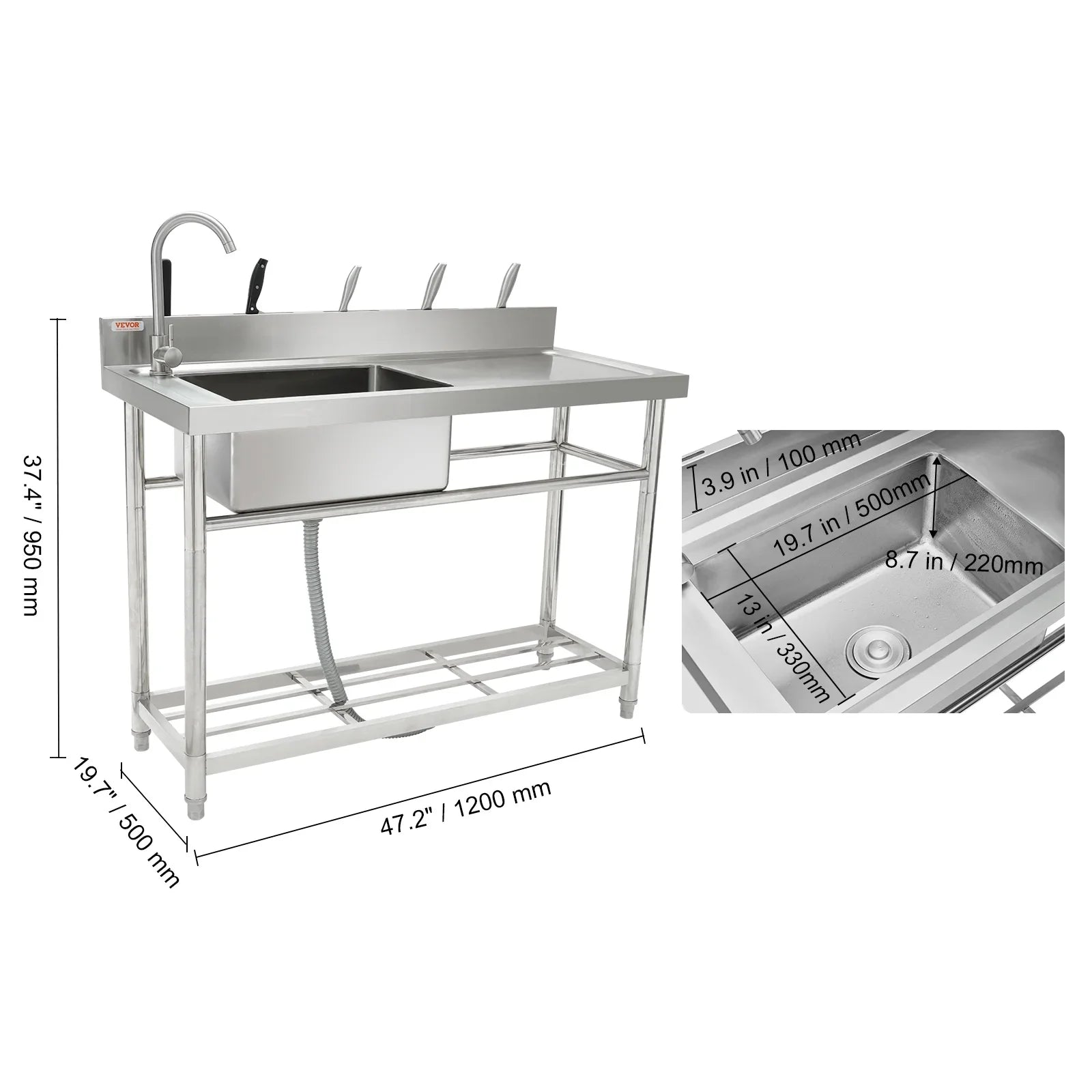 in Bowl BENTISM Utility Stainless Steel 47.2x19.7x37.4 w/Workbench Sink Single