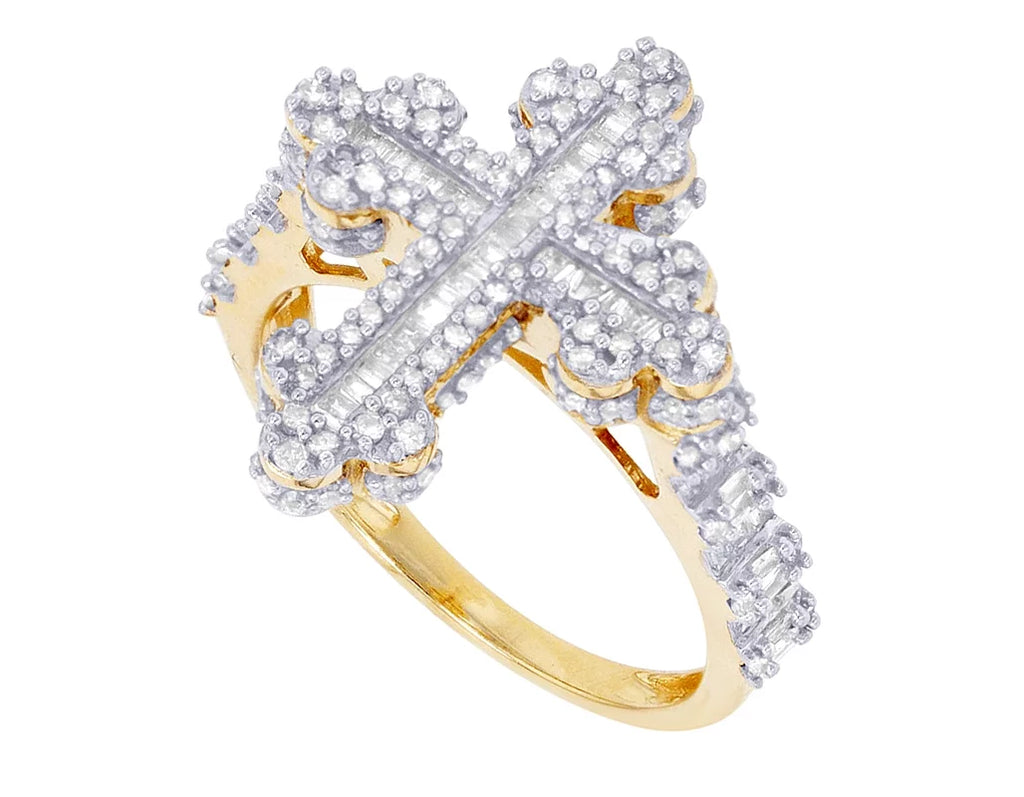 Diamond 0.875 Cross Gold Ring 10K Baguette CT Yellow-White